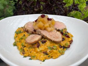 Pumkin Risotto topped with Pork Tenderloin and Apple Pear Chutney Martinis