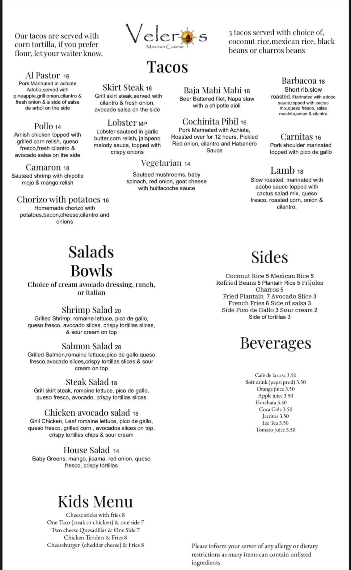 Veleros menu