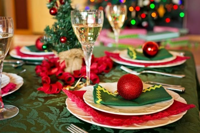 Christmas dinner table setting for holiday parties at Valparaiso IN restaurants